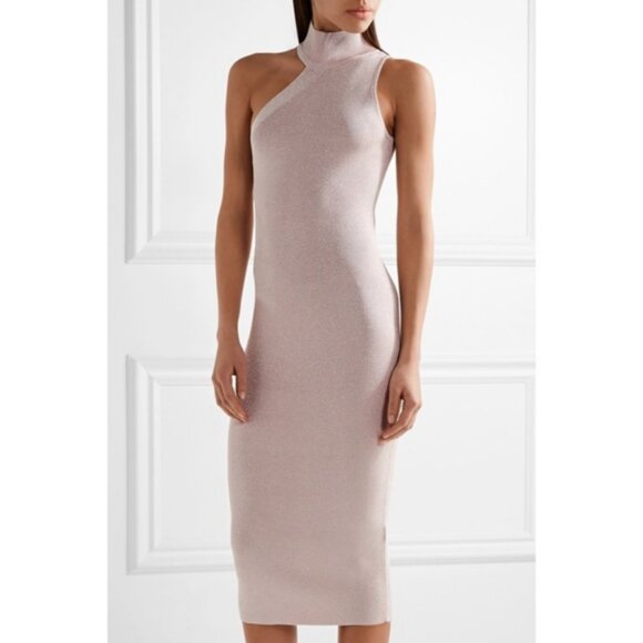Cushnie et Ochs Metallic Ribbed Stretch Knit Mock Neck Dress Blush Pink Small - Picture 1 of 14